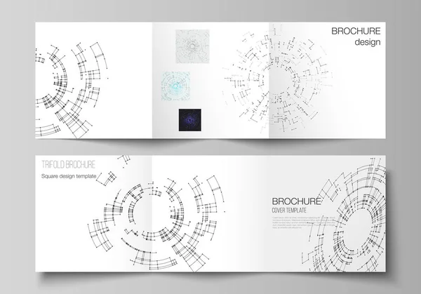 O layout vetorial de modelos de design de capas para folheto triplo quadrado ou folheto. Conceito de conexão de rede com linhas de conexão e pontos. Projeto de tecnologia, fundo geométrico digital . — Vetor de Stock