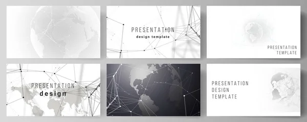 Vector layout of the presentation slides design business templates. Futuristic geometric design with world globe, connecting lines and dots. Global network connections, technology digital concept. — Stock Vector