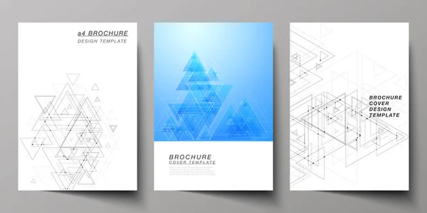 The vector editable layout of A4 format cover mockups design templates for brochure, magazine, flyer, booklet. Polygonal background with triangles, connecting dots and lines. Connection structure. — Stock Vector