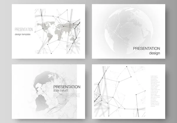 Векторный макет презентации слайдов дизайнерских бизнес-шаблонов. Футуристический геометрический дизайн с мировым шаром, соединяющий линии и точки. Глобальные сетевые соединения, технология цифровой концепции . — стоковый вектор