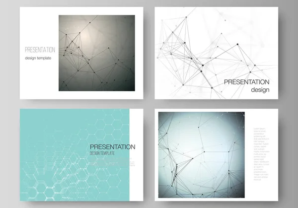 Das minimalistische abstrakte Vektorlayout der Präsentationsfolien gestaltet Geschäftsvorlagen. Technologie, Wissenschaft, medizinisches Konzept. Molekülstruktur, Verbindungslinien und Punkte. futuristischer Hintergrund — Stockvektor