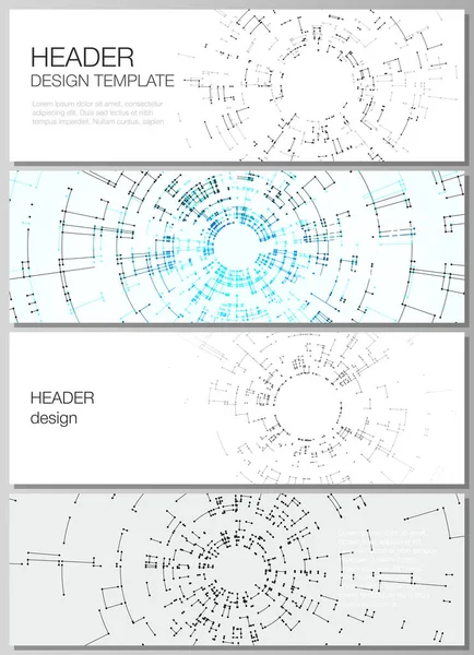 O layout vetorial minimalista de cabeçalhos, modelos de design de banner. Conceito de conexão de rede com linhas de conexão e pontos. Projeto de tecnologia, fundo geométrico digital — Vetor de Stock