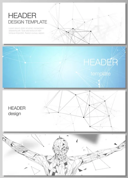 Minimalistisk vektor redigerbara layout av rubriker, banner designmallar i populära format. Teknik, vetenskap, medicinska begrepp. Molekyl struktur, anslutande linjer och punkter. Futuristiska bakgrunden — Stock vektor