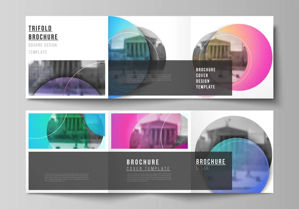 The minimal vector editable layout of two square format covers design templates for trifold square brochure, flyer, magazine. Creative modern bright background with colorful circles and round shapes. — Stock Vector