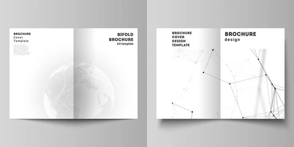 矢量布局的两个 A4 格式封面设计模板的 bifold 小册子, 传单, 报告。未来的设计与世界地球仪, 连接线。全球网络连接, 技术理念. — 图库矢量图片