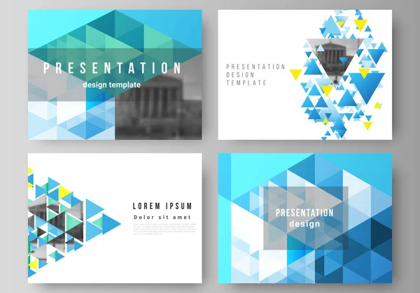 Die minimalistische abstrakte Vektorillustration des editierbaren Layouts der Präsentationsfolien gestaltet Geschäftsvorlagen. blaue Farbe polygonaler Hintergrund mit Dreiecken, buntes Mosaikmuster. — Stockvektor