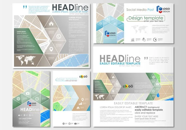 Set di post sui social media. Modelli di business. Layout facilmente modificabili in formati popolari. Mappa della città con le strade. Modello di design piatto per le imprese turistiche, illustrazione vettoriale astratta . — Vettoriale Stock