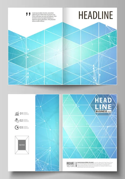 业务模板为双折叠小册子，传单。封面设计模板，矢量布局，a4 纸大小。化学模式，连接线条和点，分子结构，医学的 Dna 研究。医学概念 — 图库矢量图片