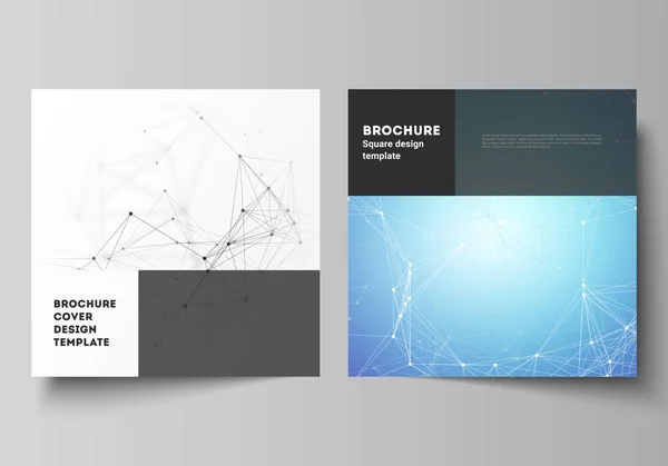 El diseño vectorial de dos formatos cuadrados cubre plantillas de diseño para folleto, folleto, revista. Tecnología, ciencia, concepto médico. Estructura molecular, líneas de conexión y puntos. Contexto futurista — Archivo Imágenes Vectoriales