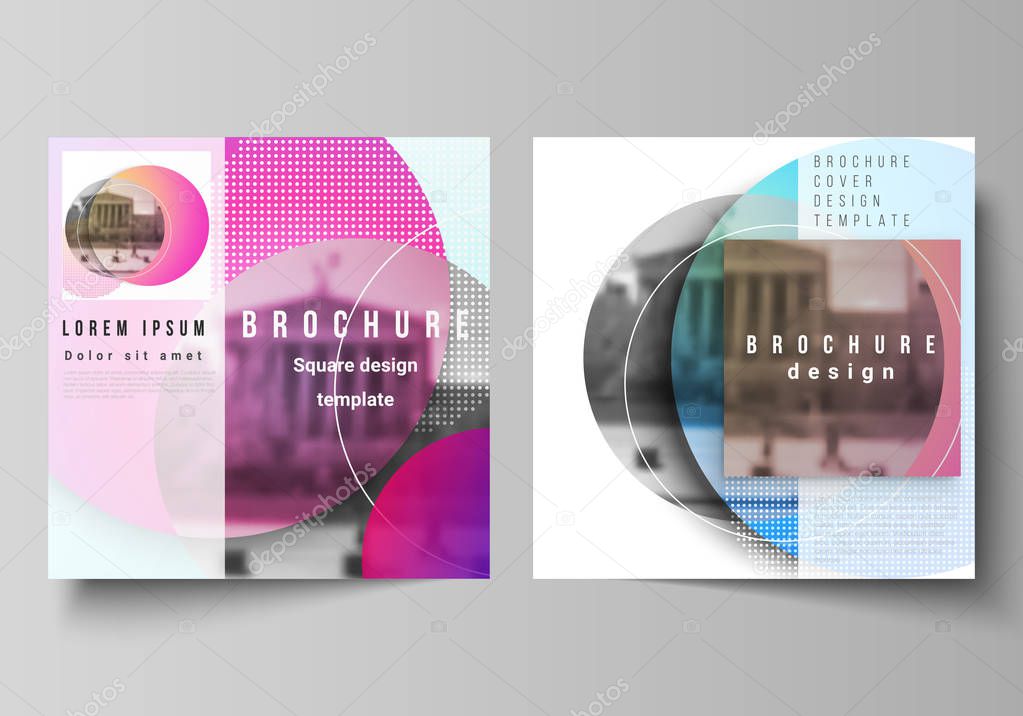 The minimal vector illustration of editable layout of two square format covers design templates for brochure, flyer, magazine. Creative modern bright background with colorful circles and round shapes.