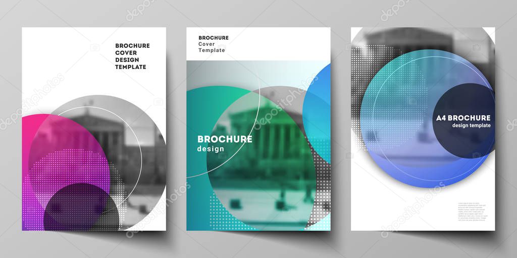 The vector layout of A4 format modern cover mockups design templates for brochure, magazine, flyer, booklet, annual report. Creative modern bright background with colorful circles and round shapes