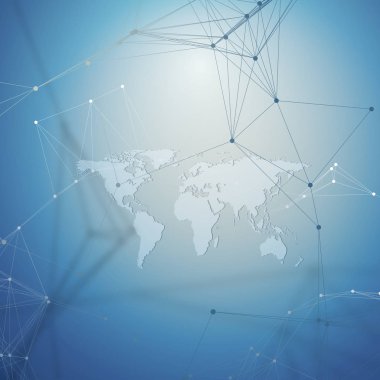 Dünya harita mavi gölgeli. Soyut küresel ağ bağlantıları, geometrik tasarım teknoloji kavramı arka plan. Kimya desen, molekül yapısı, bağlanan çizgiler ve noktalar.