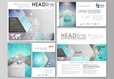 Modern sosyal medya mesaj tasarım şablonları popüler formatları düzenlenebilir yerleşimini minimalist tasarlamak vektör çizim. Molekül yapısı, çizgiler ve noktalar bağlama. Teknoloji kavramı.