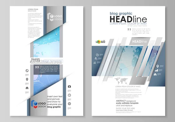 El vector abstracto minimalista ilustración de la disposición editable de dos páginas gráficas de blog moderno maqueta plantillas de diseño. Mapa del mundo en azul, diseño de tecnología geométrica, textura poligonal . — Archivo Imágenes Vectoriales