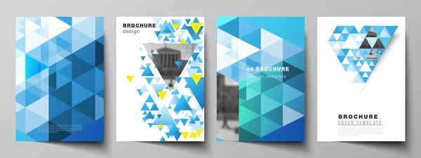Das Vektorlayout moderner Cover-Attrappen im a4-Format für Broschüren, Magazine, Flyer, Booklets, Jahresberichte. blaue Farbe polygonaler Hintergrund mit Dreiecken, buntes Mosaikmuster. — Stockvektor