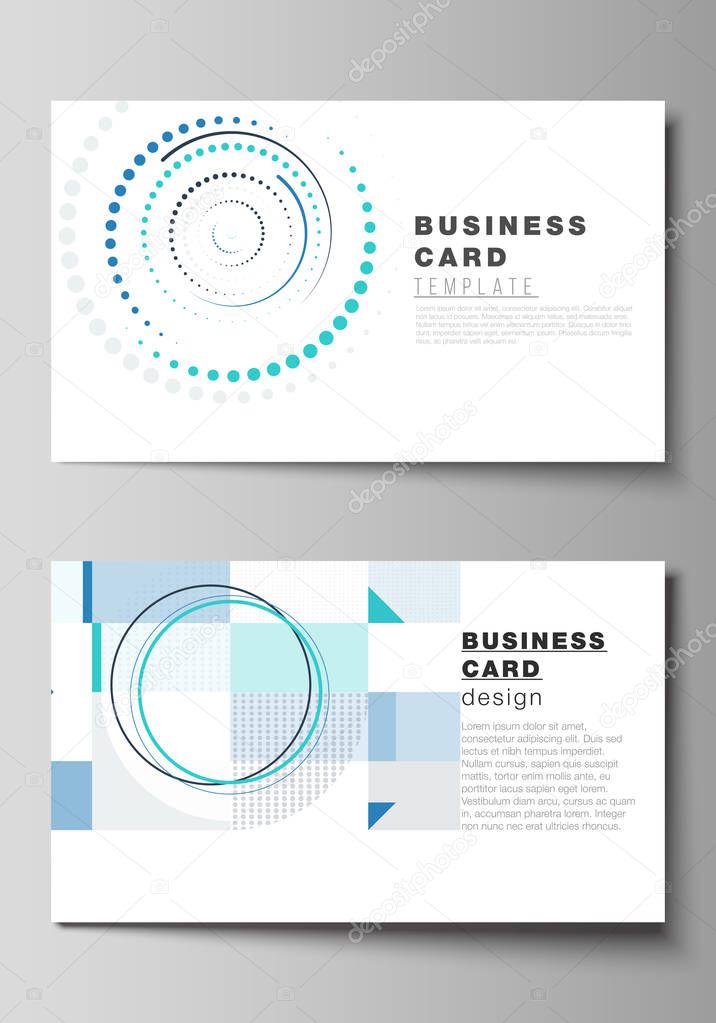 The minimalistic abstract vector illustration of the editable layout of two creative business cards design templates with simple geometric background made from dots, circles.