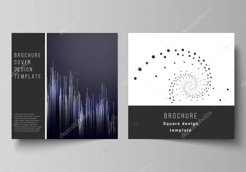The minimal vector illustration of editable layout of two square format covers design templates for brochure, flyer, magazine. Technology, science, future concept abstract futuristic backgrounds.