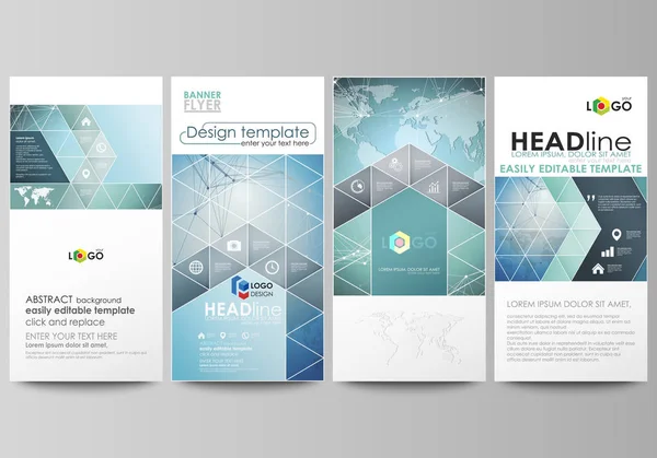 A ilustração minimalista do vetor abstrato do layout editável de quatro banners verticais modernos, folhetos projetam modelos de negócios. Padrão de química, linhas de conexão e pontos. Conceito médico . —  Vetores de Stock