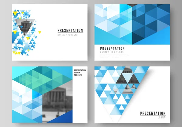 Die minimalistische abstrakte Vektorillustration des editierbaren Layouts der Präsentationsfolien gestaltet Geschäftsvorlagen. blaue Farbe polygonaler Hintergrund mit Dreiecken, buntes Mosaikmuster. — Stockvektor