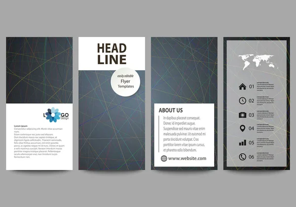 Flyers set, banners modernos. Modelos de negócios. Modelo de design de capa, layouts editáveis fáceis. Fundo escuro colorido com linhas abstratas. Cor brilhante caótico, aleatório, curvas bagunçadas . —  Vetores de Stock