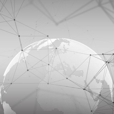 Soyut fütüristik ağ şekiller. Yüksek teknoloji arka plan, bağlayan çizgiler ve noktalar, poligonal doğrusal doku. Dünya küre üzerinde gri. Veri kavramı küresel ağ bağlantıları, geometrik tasarım, kazmak.