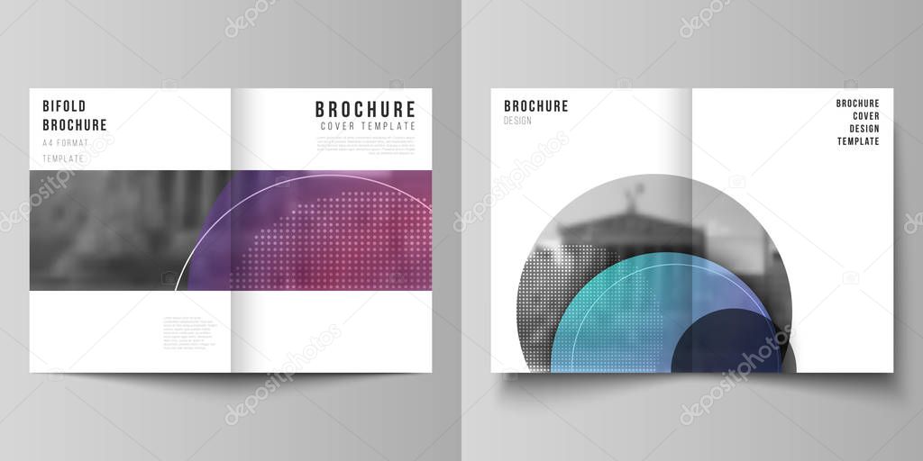 The vector layout of two A4 format cover mockups design templates for bifold brochure, magazine, flyer, booklet, annual report. Creative modern bright background with colorful circles and round shapes