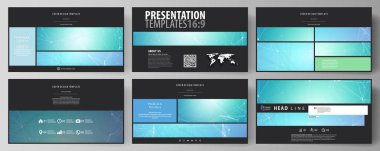 İş şablonları HD sunma kaymak için biçimlendirin. Düz tasarım vektör düzenler. Kimya desen, çizgiler ve noktalar, molekül yapısı, tıbbi Dna araştırma bağlanma. Tıp kavramı.