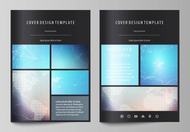 A4 formatında düzenlenebilir yerleşimini siyah renkli vektör çizim tasarım şablonları için broşür, dergi, broşür, kitapçık kapsar. Molekül yapısı. Bilim, teknoloji kavramı. Köşeli tasarım.