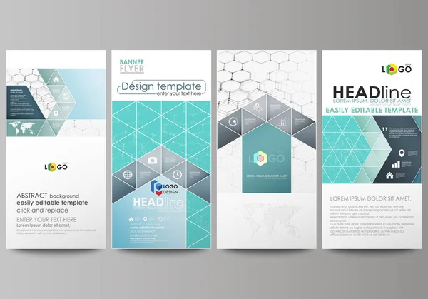 Flyers set, banners modernos. Modelos de negócios. Modelo de design de capa, layouts vetoriais abstratos. Padrão químico, estrutura molecular hexagonal em azul. Conceito de medicina, ciência e tecnologia . — Vetor de Stock