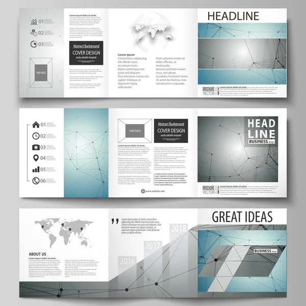 Set of business templates for tri fold square design brochures. Leaflet cover, vector layout Geometric background, connected line and dots. Molecular structure. Scientific, medical, technology concept — Stock Vector