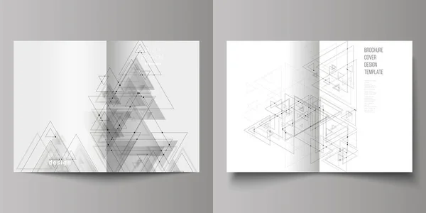 Διάνυσμα επεξεργάσιμο διάταξη δύο Α4 μορφή κάλυψης mockups σχεδίαση πρότυπα για δίπτυχο φυλλάδιο, περιοδικό, φυλλάδιο. Πολυγωνικό φόντο με τρίγωνα, συνδέοντας τις τελείες και γραμμές. Δομή σύνδεσης. — Διανυσματικό Αρχείο