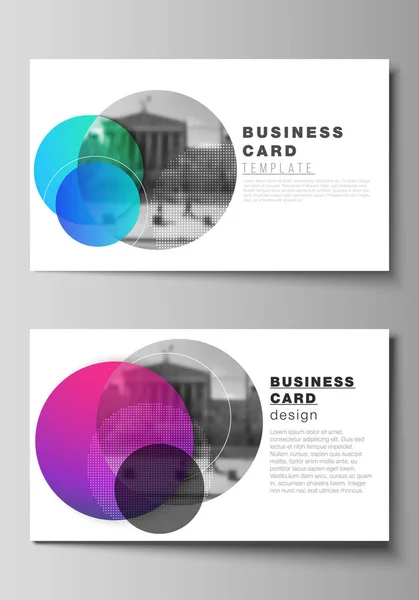 The minimalistic abstract vector illustration of the editable layout of two creative business cards design templates. Creative modern bright background with colorful circles and round shapes. — Stock Vector