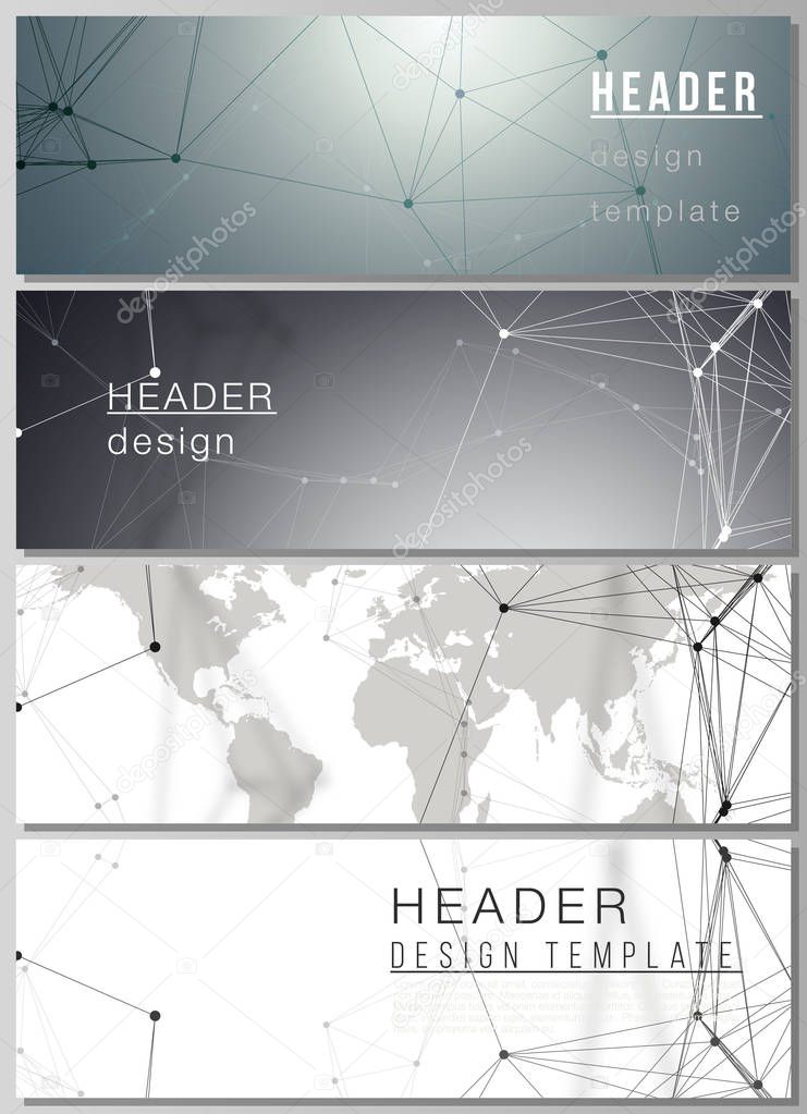 The minimalistic vector layout of headers, banner design templates. Futuristic geometric design with world globe, connecting lines and dots. Global network connections, technology digital concept