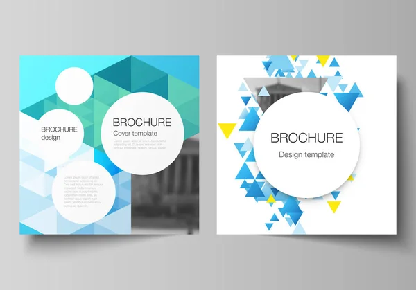 De minimale vectorillustratie van bewerkbare indeling van twee vierkant formaat omvat ontwerpsjablonen voor brochure, flyer, magazine. Blauwe kleur veelhoekige achtergrond met driehoeken, kleurrijke mozaïek patroon. — Stockvector