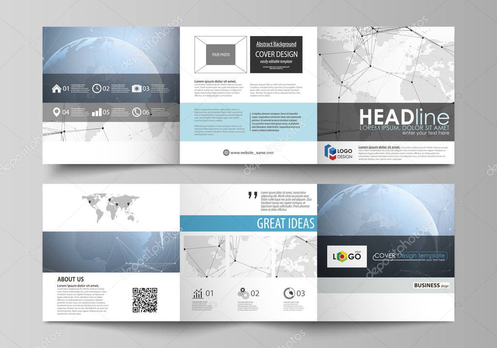 The gray colored minimalistic vector illustration of the editable layout. Two creative covers design templates for square brochure. World globe on blue. Global network connections, lines and dots