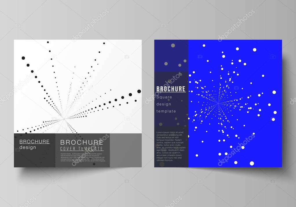 The minimal vector illustration of editable layout of two square format covers design templates for brochure, flyer, magazine. Geometric technology background. Abstract monochrome vortex trail.