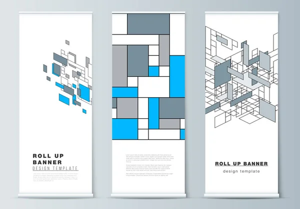 Tata letak vektor dari tiang penggulung, selebaran vertikal, templat desain bendera bisnis. Latar belakang poligonal abstrak, warna-warni pola mosaik, desain retro bauhaus de stijl . - Stok Vektor