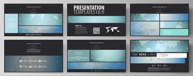 Yüksek çözünürlüklü sunma kaymak düzenlenebilir yerleşimini siyah renkli minimalist vektör çizim tasarım şablonları. Kimya desen, çizgiler ve noktalar bağlama. Tıp kavramı