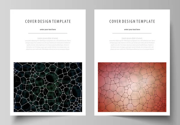 Broşür, el ilanı, rapor için iş şablonları. Kapak tasarım şablonu, vektör düzen A4 boyutunda. Kimya model, moleküler doku, poligonal molekül yapısı, hücre. Tıp Mikrobiyoloji kavramı