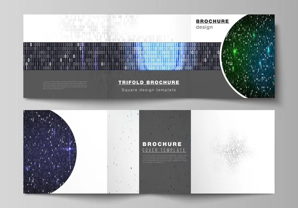 The minimal vector layout of two square format covers design templates for trifold square brochure, flyer. Binary code background. AI, big data, coding or hacker concept, digital technology background