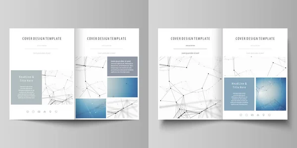 Business templates for bi fold brochure, magazine, flyer. Cover design template, vector layout in A4 size. Geometric blue background, molecule structure, science concept. Connected lines and dots. — Stock Vector