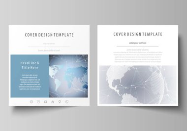 İki kare biçimi düzenlenebilir yerleşimini minimalist vektör çizim tasarım şablonları için broşür, el ilanı, broşür kapsar. Teknoloji kavramı. Molekül yapısı, arka plan bağlanma.