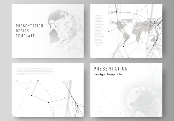 Diseño vectorial de las diapositivas de presentación diseño de plantillas de negocio. Diseño geométrico futurista con globo terráqueo, conectando líneas y puntos. Conexiones de red globales, concepto digital de tecnología . — Vector de stock