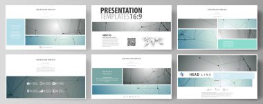 İş şablonları HD sunma kaymak için biçimlendirin. Düz tasarım vektör düzenler. Geometrik arka plan, bağlantılı çizgi ve noktalar. Moleküler yapısı. Bilimsel, tıp, teknoloji kavramı.