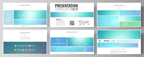 Modelos de negócios em formato HD para slides de apresentação. Layouts de vetores em design plano. Padrão de química, linhas de conexão e pontos, estrutura molecular, pesquisa de DNA médico. Conceito de medicina . — Vetor de Stock