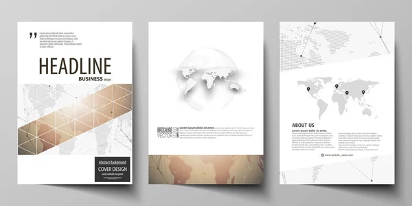 The vector illustration of editable layout of three A4 format modern covers design templates for brochure, magazine, flyer, booklet. Global network connections, technology background with world map. — Stock Vector