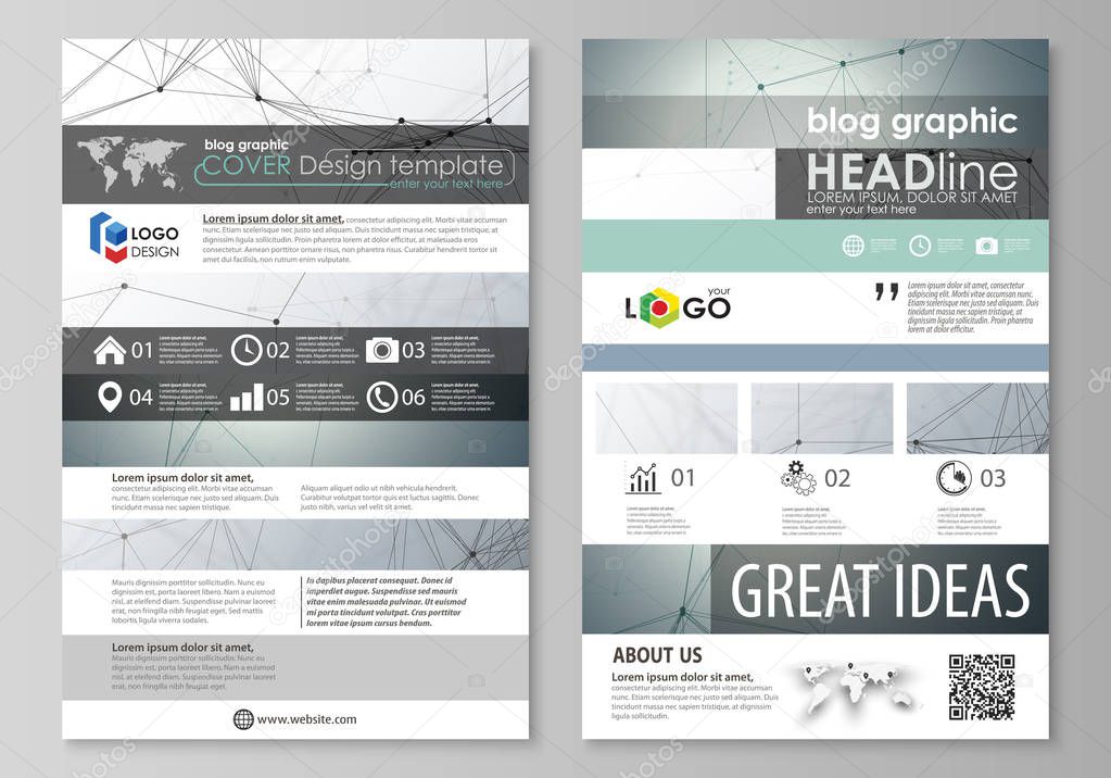 Blog graphic business templates. Page website design template, abstract vector layout. Genetic and chemical compounds. Atom, DNA and neurons. Medicine, chemistry, science concept. Geometric background