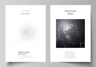 Vektör A4 biçimi kapak örnekler tasarım şablonları için broşür, el ilanı, Kitapçık düzeni. Fütüristik tasarımı dünya küre, çizgiler ve noktalar bağlama ile. Genel ağ bağlantıları, teknoloji kavramı.