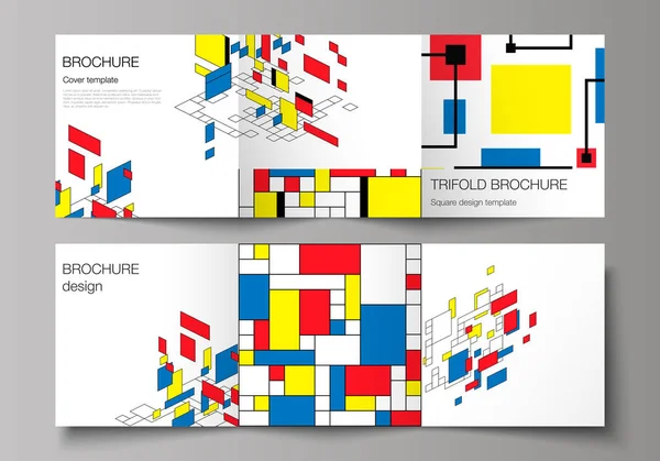Można edytować układ wektor minimalny format kwadratowy obejmuje szablony projektowe dla trifold broszury, ulotki, magazyn. Streszczenie tło wielokątne, kolorowe mozaiki, projekt retro bauhaus de stijl — Wektor stockowy