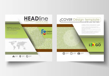 İş şablonları, kare tasarım broşür veya el ilanı. Kapak broşür, düzen düz. Yeşil renk arka plan yaprakları ile. Doğrusal tarzı Spa kavramı. Kozmetik, güzellik sektörünün için vektör dekorasyon.